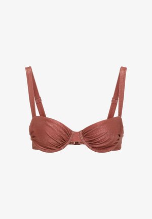 Rusehtavanruskea kimaltava bikiniyläosa, jossa on rypytetty muotoilu, säädettävät olkaimet ja etusuljin. Sileä pinta, jossa metallinhohtoiset yksityiskohdat.