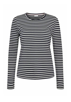 Dugi rukav majica s horizontalnim mornarsko plavim i bijelim prugama, okruglim izrezom i prilagođenim dizajnom od mekog, rastezljivog materijala.
