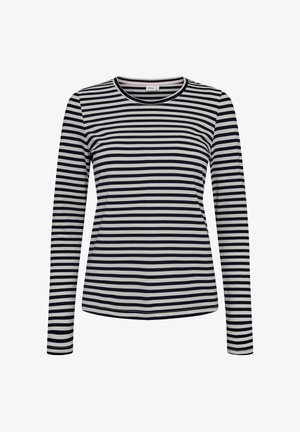 Dugi rukav majica s horizontalnim mornarsko plavim i bijelim prugama, okruglim izrezom i prilagođenim dizajnom od mekog, rastezljivog materijala.