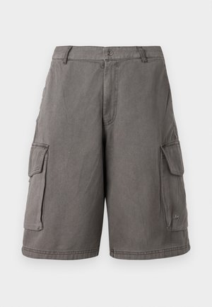 Gray cargo shorts made of durable fabric with side pockets, a button closure, and accent stitching. Features a logo on the lower hem.