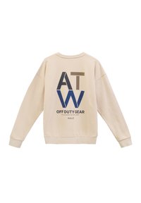 Beige sweatshirt met lange mouwen met de letters "ATW" in zwart en blauw, "OFF DUTY GEAR" en "HALO" tekst gedrukt op de achterkant.