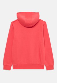 Sweatshirt cor-de-coral com uma textura suave, apresentando um capuz com cordão e punhos canelados. Design simples e sem costuras, sem padrões ou acentos adicionais.