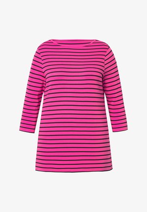 Roze en zwarte gestreepte longsleeve top met een bootlijn, gemaakt van zacht materiaal, met een relaxte pasvorm en een heuplange snit.
