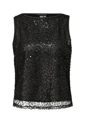 Schwarzes ärmelloses Crop-Top, das mit kleinen glänzenden schwarzen Pailletten bedeckt ist, mit einem durchsichtigen Saum und Rundhalsausschnitt.