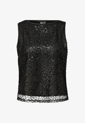 Zwarte mouwloze crop top bedekt met kleine glanzende zwarte pailletten, met een doorzichtige zoom en ronde halslijn.