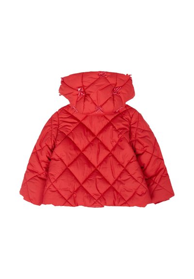 Cappotto puffo rosso con un motivo a rombi, cappuccio e fiocchi rosa come dettagli. Tessuto morbido con una vestibilità comoda e orlo svasato.