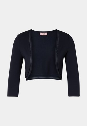 Cardigan cropped blu navy con una texture morbida e liscia, dotato di maniche lunghe e dettagli in satin lungo la parte anteriore aperta.
