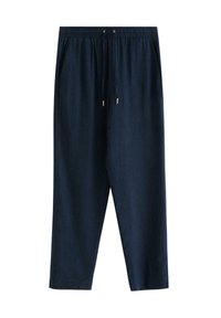 Pantaloni atletici leggeri di colore blu navy, con vita elastica, cordoncino regolabile e tasche laterali. Tessuto morbido con design a gamba dritta.