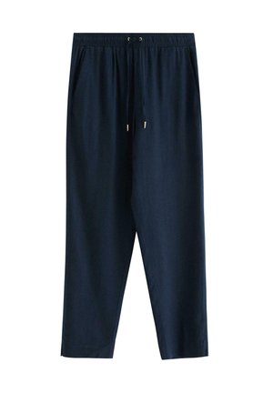 Marineblauwe, lichte sportbroek met een elastische tailleband, verstelbaar trekkoord en zijzakken. Zachte textuur met een rechte pijpenontwerp.
