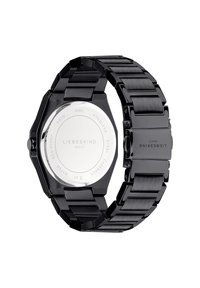 Orologio in acciaio inox nero con cassa ottagonale, finitura lucida e bracciale a maglie. Presenta il logo del brand inciso sulla chiusura.