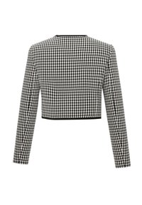 Veste courte à manches longues en vichy noir et blanc avec un ourlet droit et une bordure noire au niveau de l'encolure et du bas.