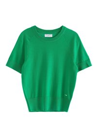 Grøn kortærmet sweater lavet af et glat strikstof. Har en rund halsudskæring, ribbede manchetter og kant, samt en diskret logo-detalje.