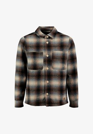 Braunes, beiges und blau kariertes Hemd zum Knöpfen mit langen Ärmeln, zwei Brusttaschen und einem Kragen.