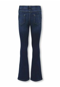 Jeans a zampa scura in denim, con vita alta, due tasche posteriori e cuciture gialle a contrasto lungo le cuciture.