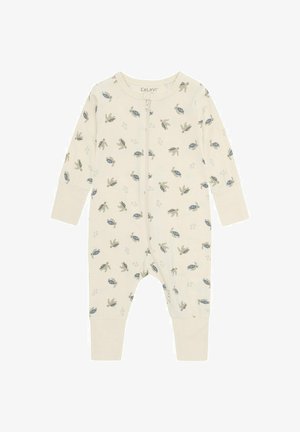 Body per bambini color crema con stampe di tartaruga blu e grigia e uccellini, maniche lunghe, polsini e caviglie con risvolto, e chiusura frontale con cerniera.