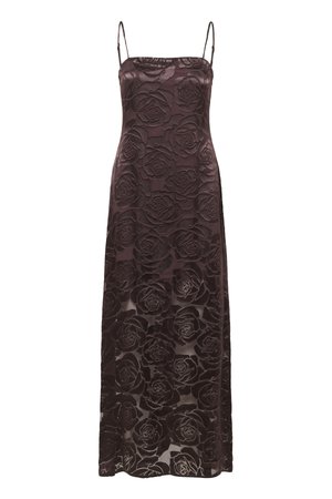 Long, dark brown floral dress featuring a textured rose pattern, thin straps, and a flowy silhouette, made from lightweight fabric.