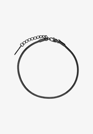 Schwarzes geflochtenes Armband mit schlankem Design, ausgestattet mit einer Kettenverlängerung und einem Verschluss. Glatte Textur mit subtiler Eleganz.