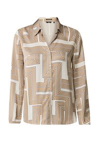 Camicia a bottoni color beige chiaro con motivo geometrico a zigzag marrone. Maniche lunghe, colletto, tessuto morbido, con orlo dritto e chiusura a bottoni.