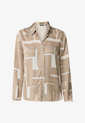 Camicia a bottoni color beige chiaro con motivo geometrico a zigzag marrone. Maniche lunghe, colletto, tessuto morbido, con orlo dritto e chiusura a bottoni.
