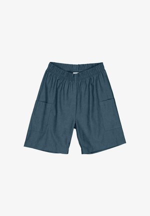 Mørkeblå shorts lavet af struktureret stof, med elastisk talje og to sidelommer, samt en løs pasform.