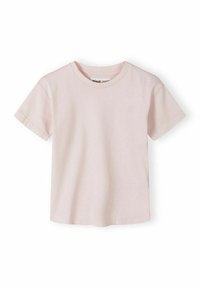 T-shirt rose clair à manches courtes et col rond avec un petit logo discret sur le haut à gauche de la poitrine.