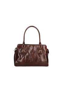 Borsa a mano in pelle marrone con texture liscia, forma strutturata, due manici superiori e accenti dorati su fibbie e componenti hardware.