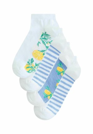 Drei Paar Knöchelsocken: weiß mit gestickten Zitronen und grünen Blättern, blau mit gelben Zitronen auf einfarbigem Hintergrund und blau gestreift.
