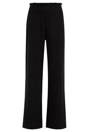 Pantalon noir taille haute à jambes larges en tissu texturé avec ceinture élastique.