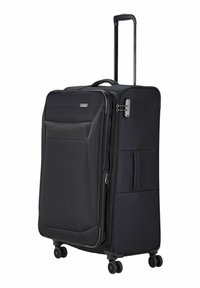 Valise à roulettes noire avec coque rigide, compartiments zippés, poignée latérale, poignée télescopique rétractable et quatre roulettes à rotation fluide.