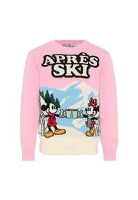 Maglione rosa con grafiche lavorate a maglia di due personaggi dei cartoni animati che tengono in mano delle tazze, circondati da montagne e alberi, con la scritta "APRÈS SKI".