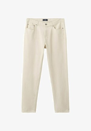 Beige rechte broekspijpen met voorzakken, riemlussen en knoopsluiting, plat weergegeven op een witte achtergrond.