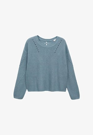 Svijetloplavi pleteni pulover s okruglim izrezom, spuštenim ramenima i otvorenim pletenjem duž rukava, s kraćim dizajnom.