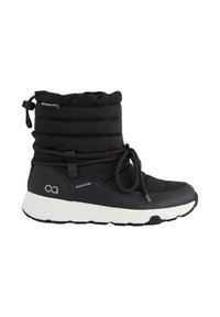 Botte isolante noire avec un dessus matelassé, bout rond, lacets croisés et semelle blanche. Dispose d'un extérieur imperméable et d'un accent de logo.