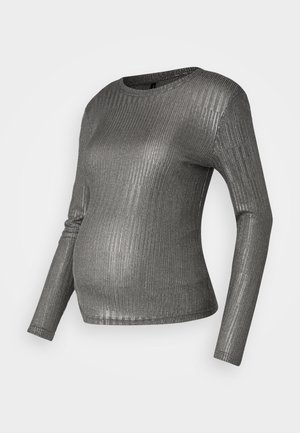 Top cinzento de manga longa com uma textura canelada, projetado para se ajustar à barriga. Feito de um material elástico com um brilho subtil.