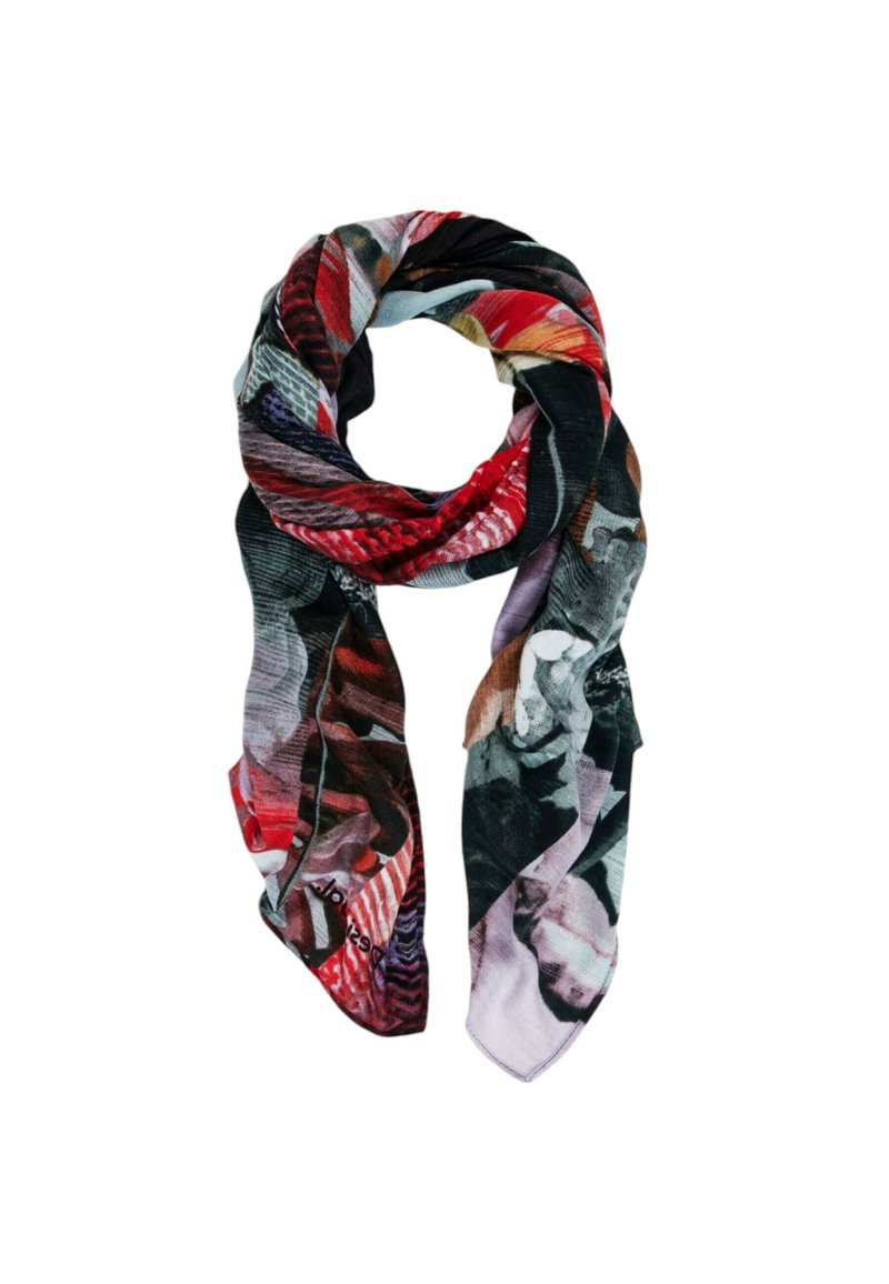 Desigual Sciarpa Red Revolution Rectangle: Foulard In Tessuto Twill Con Motivo Animalier, Nero, Accessorio Donna