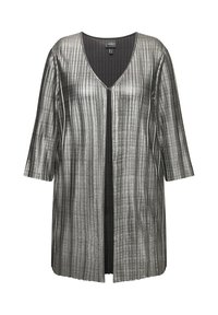 Metalen grijze lange cardigan met een getextureerd ribbelontwerp, V-hals en driekwartmouwen, voorzien van een ritssluiting aan de voorkant.