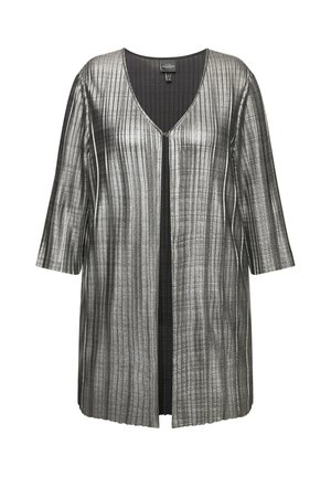 Metalen grijze lange cardigan met een getextureerd ribbelontwerp, V-hals en driekwartmouwen, voorzien van een ritssluiting aan de voorkant.