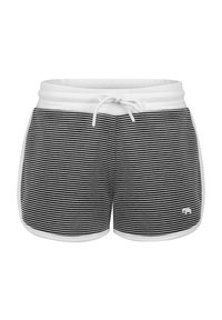 Shorts rayés noir et blanc avec taille à cordon et finition blanche. Présente un petit logo en bas à gauche.