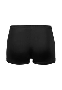Zwarte zwemboxers van een gladde stof, met zichtbare stiksels bij de taille en beenopeningen, van achteren weergegeven op een witte achtergrond.