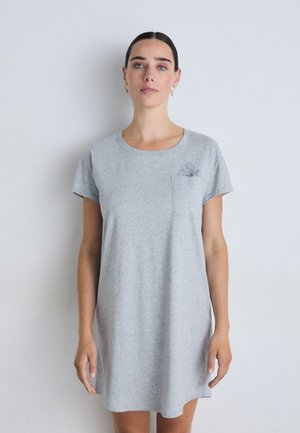 Grey cotton dress with short sleeves, a round neckline, and a small embroidered flower detail on the left chest area. Smooth texture.