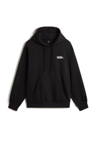 Sweat à capuche Vans noir avec poche kangourou à l'avant, capuche ajustable avec cordon et logo Vans blanc sur la poitrine gauche.