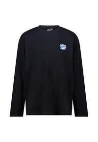 Black long-sleeve shirt with a small blue and white eye and teardrop graphic on the left chest area.