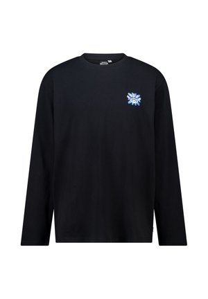 Zwarte langemouw shirt met een kleine blauw-witte oog- en traanafbeelding op het linkerborstgebied.