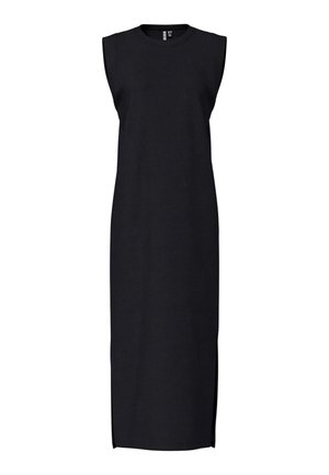 Schwarzes ärmelloses Midikleid aus weichem Material, mit Rundhalsausschnitt, geradem Schnitt und seitlichen Schlitzen für mehr Bewegungsfreiheit.