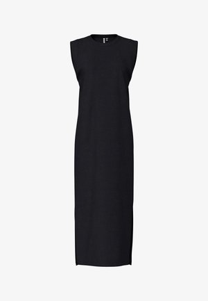 Schwarzes ärmelloses Midikleid aus weichem Material, mit Rundhalsausschnitt, geradem Schnitt und seitlichen Schlitzen für mehr Bewegungsfreiheit.