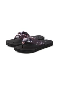 Havaianas met een zwarte rubberen zool en stoffen banden met een bloemmotief in paarse, roze en witte tinten.