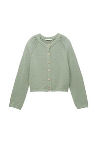 Hellgrüne gestrickte Strickjacke mit langen Ärmeln, rundem Ausschnitt und sechs Holzknöpfen vorne, flach auf weißem Hintergrund ausgelegt.