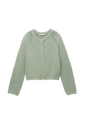 Light green knitted cardigan with long sleeves, round neckline, and six wooden buttons down the front, laid flat on white background.