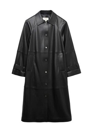 Schwarzer Ledermantel mit einem Kragen, Knopfverschluss und zwei Fronttaschen. Verfügt über einen lässigen Schnitt und umgeschlagene Ärmelbündchen.