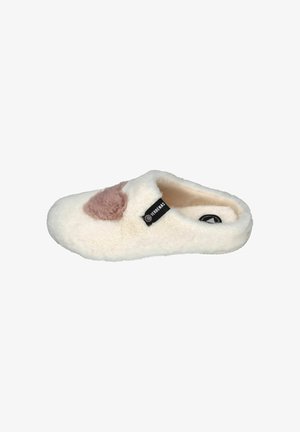Flauschiger, cremefarbener Hausschuh mit einem weichen rosafarbenen Akzent auf dem Oberteil. Verfügt über ein unkompliziertes Design zum Hineinschlüpfen und eine strukturierte Sohle für besseren Halt.
